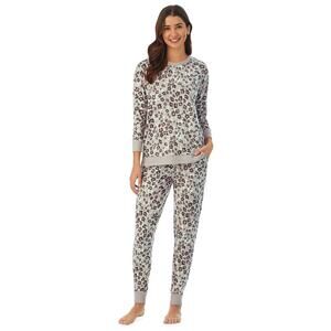 Cuddl Duds Sweater Knit 3/4 Sleeve Pajama Top Pants Pockets Lounge Grey Animal M